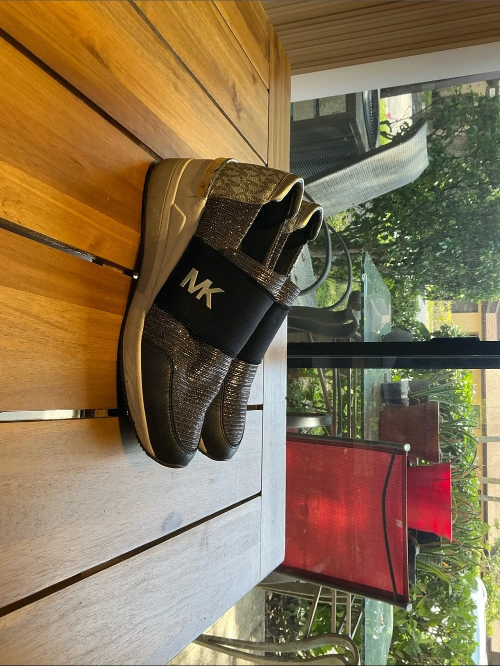 Michael Kors Metallic Silver Glitter Slip-On Sneakers with Black Elastic Strap